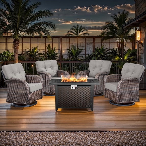 PARKWELL Outdoor Conversation Set with 4 High-Back Swivel Glider Chairs and 43-Inch 2-in-1 Propane Fire Pit Table, 50,000 BTU Patio Furniture for Garden, Deck, Backyard, Brown/Gray, 5-Piece