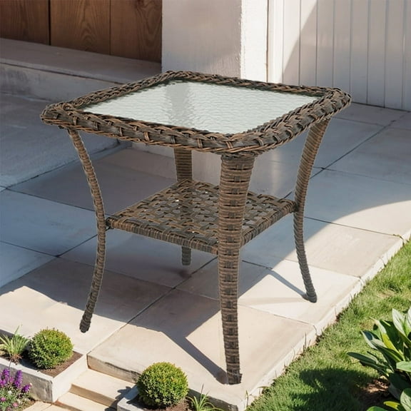PARKWELL Outdoor End Table with Tempered Glass Top and 2-Layer Storage Shelves,All-Weather Brown Wicker Square Side Table for Backyard Porch Garden