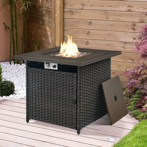 PARKWELL Outdoor Fire Pit 30" Square 50000 BTU Patio Propane Gas Fire Pit Table with Lava Rocks and Lid,Brown Wicker Firepit Faux Wood Tabletop