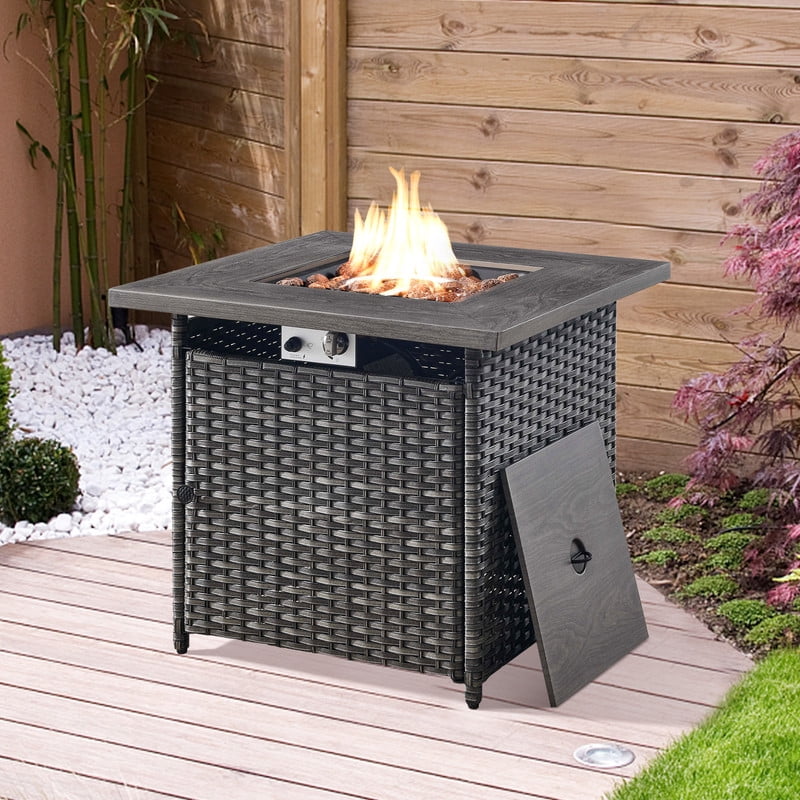 Gray Wicker Propane Fire Pit Table with Faux Wood Top