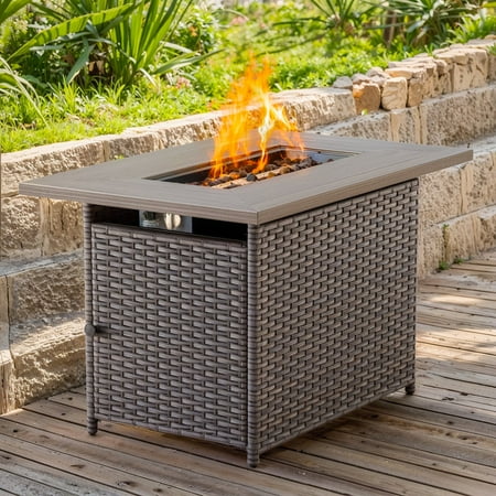 PARKWELL Outdoor Fire Pit 41" 50000 BTU Patio Propane Gas Fire Pit Table with Lava Rocks and Lid,Brown Wicker Firepit Faux Wood Tabletop