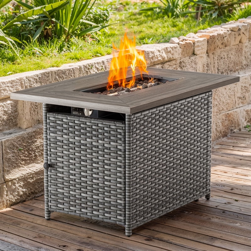 PARKWELL Outdoor Fire Pit 41" 50000 BTU Patio Propane Gas Fire Pit Table with Lava Rocks and Lid,Gray Wicker Firepit Faux Wood Tabletop