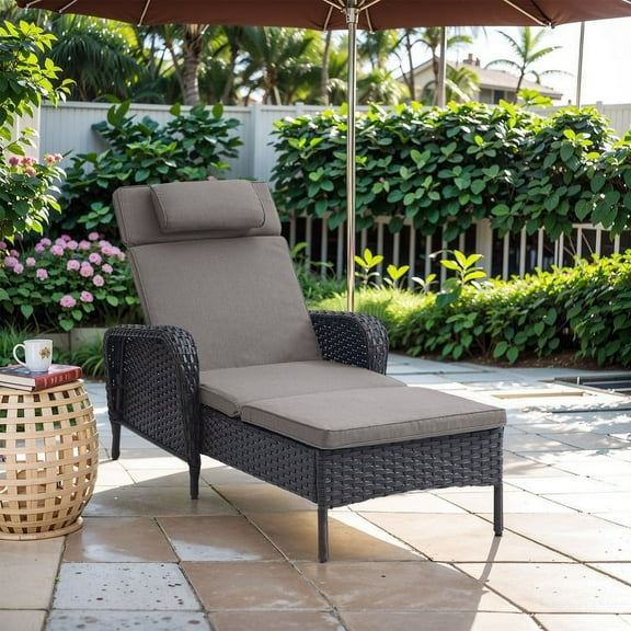PARKWELL Outdoor Folding Chaise Lounge Chairs - Wicker Rattan Adjustable Recliners for Patio, Pool w/ Wide Arm and Cushions - Gray