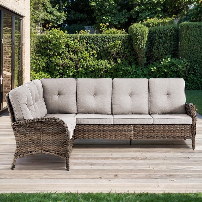 PARKWELL Outdoor Furniture Sectional Sofa L Shaped Couch,Patio Wicker 5-Seat High Back Conversation Set for Balcony Yard,Brown Wicker Beige Cushion