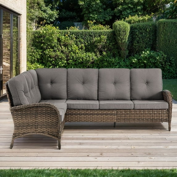PARKWELL Outdoor Furniture Sectional Sofa L Shaped Couch,Patio Wicker 5-Seat High Back Conversation Set for Balcony Yard,Brown Wicker Gray Cushion