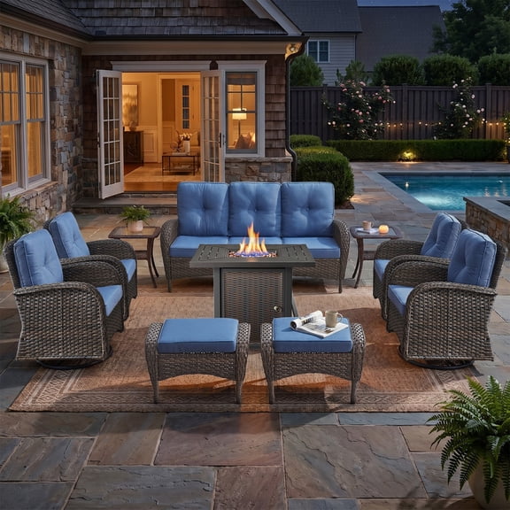 PARKWELL Outdoor Furniture Set with Fire Pit Table, 10-Piece Patio Sectional Conversation Set, Brown PE Rattan Patio Sofa with Swivel Chairs and Ottomans for Patio Backyard Porch Deck, Navy