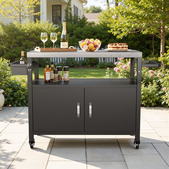 PARKWELL Outdoor Grill Cart with Storage Cabinet, Rolling BBQ Prep Table with Lockable Wheels, Patio Kitchen Island with Shelves, Hooks & Bottle Opener, Black