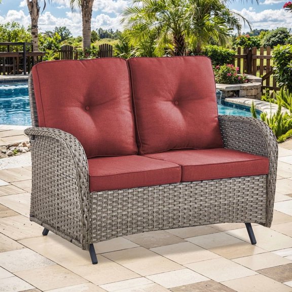 PARKWELL Outdoor Loveseat Glider Bench with Red Cushions for Porch Balcony Backyard,Gray Wicker