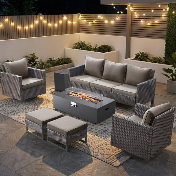 PARKWELL Outdoor Oversized Patio Furniture Set with Fire Pit Table, All-Weather Wicker Sectional Swivel Rocker Chairs Sets,Luxury 7-Seat Conversation Set for Porch, Balcony, Deck, Brown/Gray