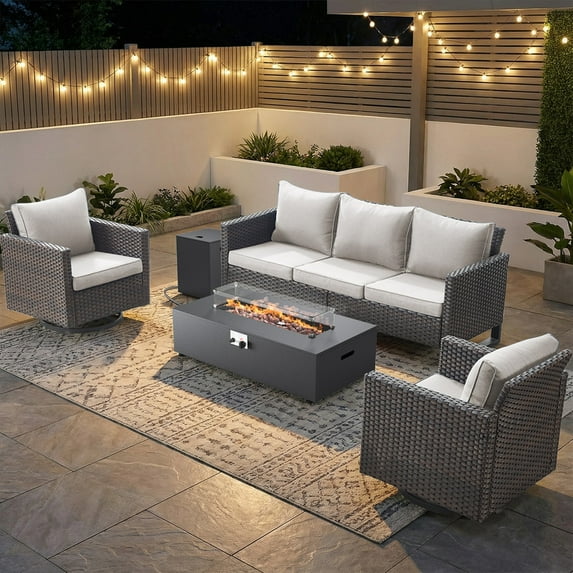 PARKWELL Outdoor Oversized Patio Furniture Set with Fire Pit Table, All-Weather Wicker Sectional Swivel Rocker Chairs Sets,Luxury Conversation Set for Porch, Balcony, Deck, Brown/Beige