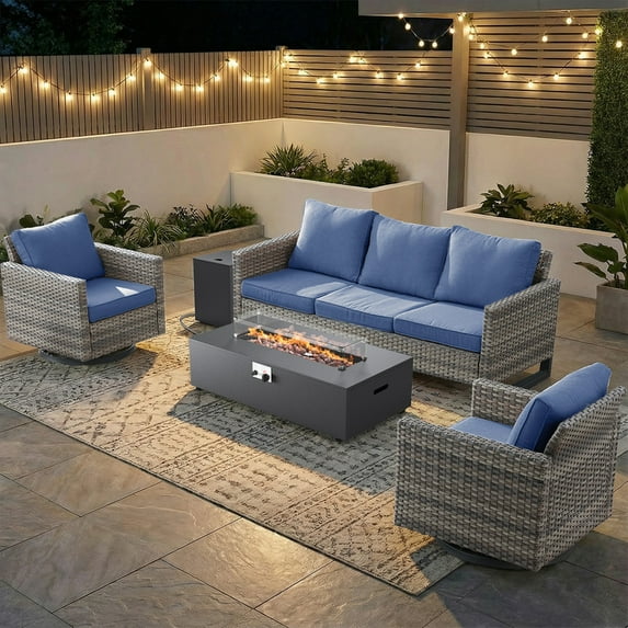 PARKWELL Outdoor Oversized Patio Furniture Set with Fire Pit Table, All-Weather Wicker Sectional Swivel Rocker Chairs Sets,Luxury Conversation Set for Porch, Balcony, Deck, Gray/Navy