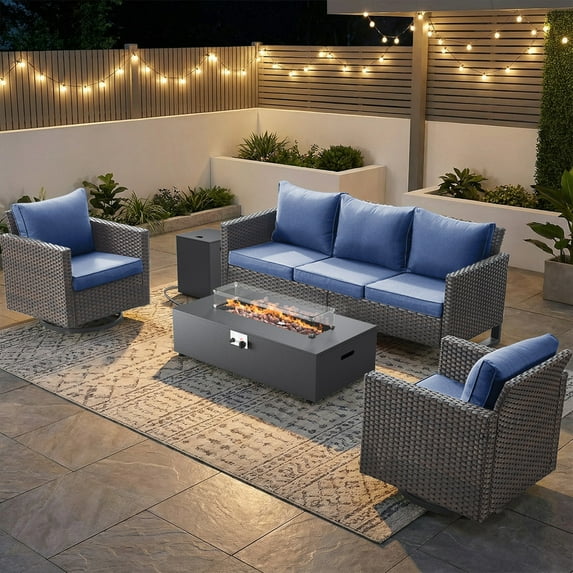 PARKWELL Outdoor Oversized Patio Furniture Set with Fire Pit Table, All-Weather Wicker Sectional Swivel Rocker Chairs Sets,Luxury Conversation Set for Porch, Balcony, Deck, Brown/Navy