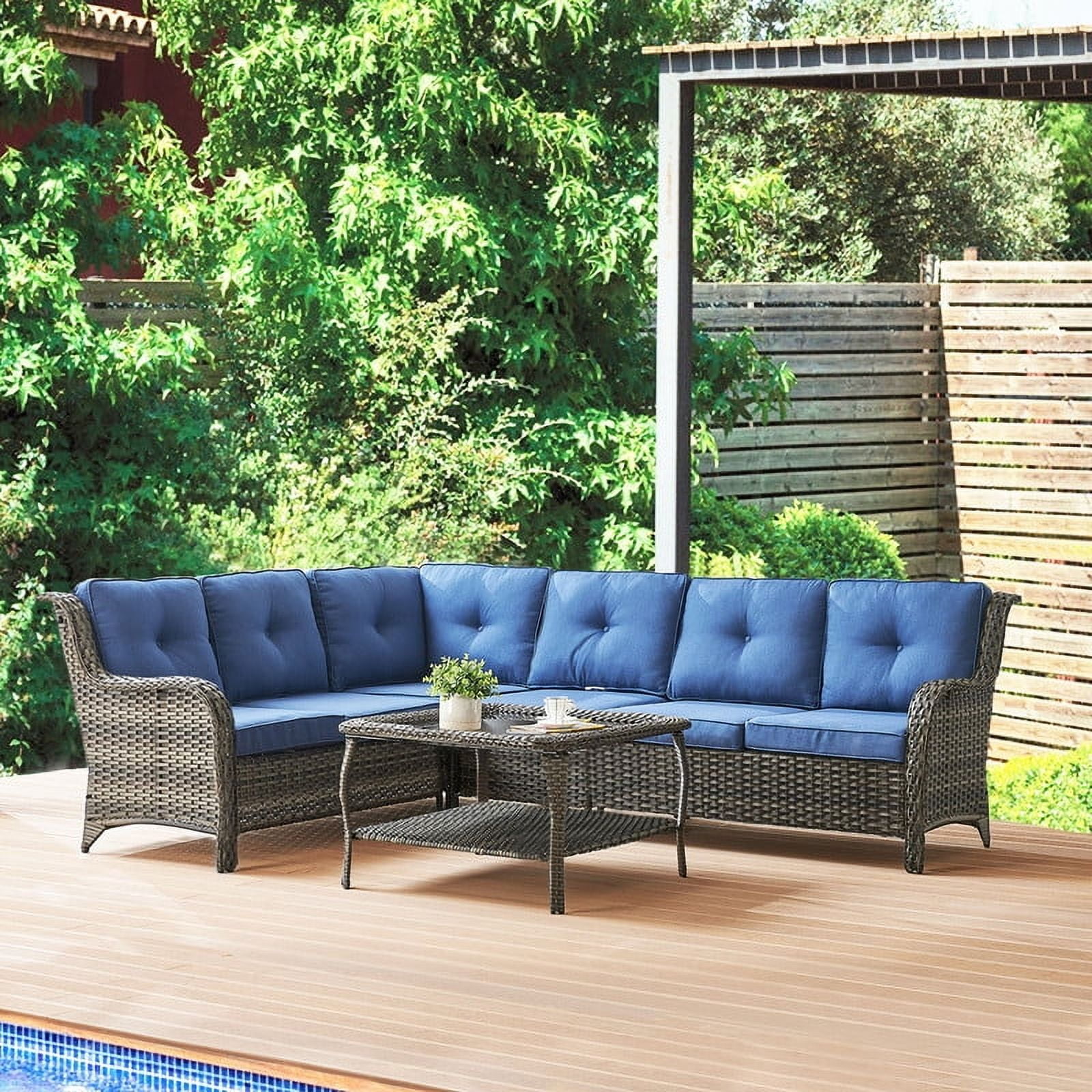 PARKWELL Outdoor Patio Furniture Set,All-Weather Conversation L-Shaped Sectional Sofa with Coffee Table and No-slip Thick Cushions,Backyard Porch Garden Poolside Balcony Set,Navy Cushions Gray Wicker