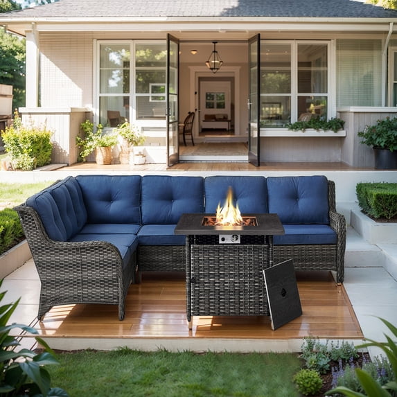 PARKWELL Outdoor Patio Furniture Set with Fire Pit Table,All-Weather Conversation L-Shaped Sectional Sofa with No-slip Thick Cushions,Backyard Porch Garden Poolside Balcony Set,Gray/Navy