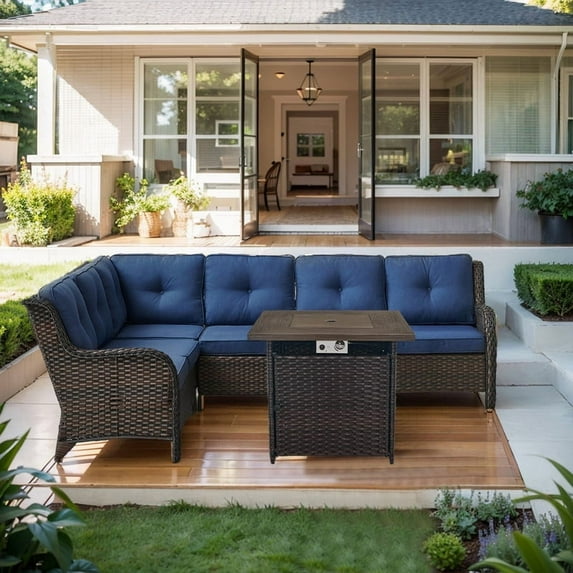 PARKWELL Outdoor Patio Furniture Set with Fire Pit Table,All-Weather Conversation L-Shaped Sectional Sofa with No-slip Thick Cushions,Backyard Porch Garden Poolside Balcony Set,Brown/Navy