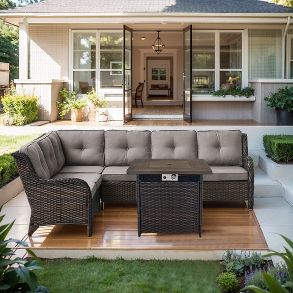PARKWELL Outdoor Patio Furniture Set with Fire Pit Table,All-Weather Conversation L-Shaped Sectional Sofa with No-slip Thick Cushions,Backyard Porch Garden Poolside Balcony Set,Brown/Gray