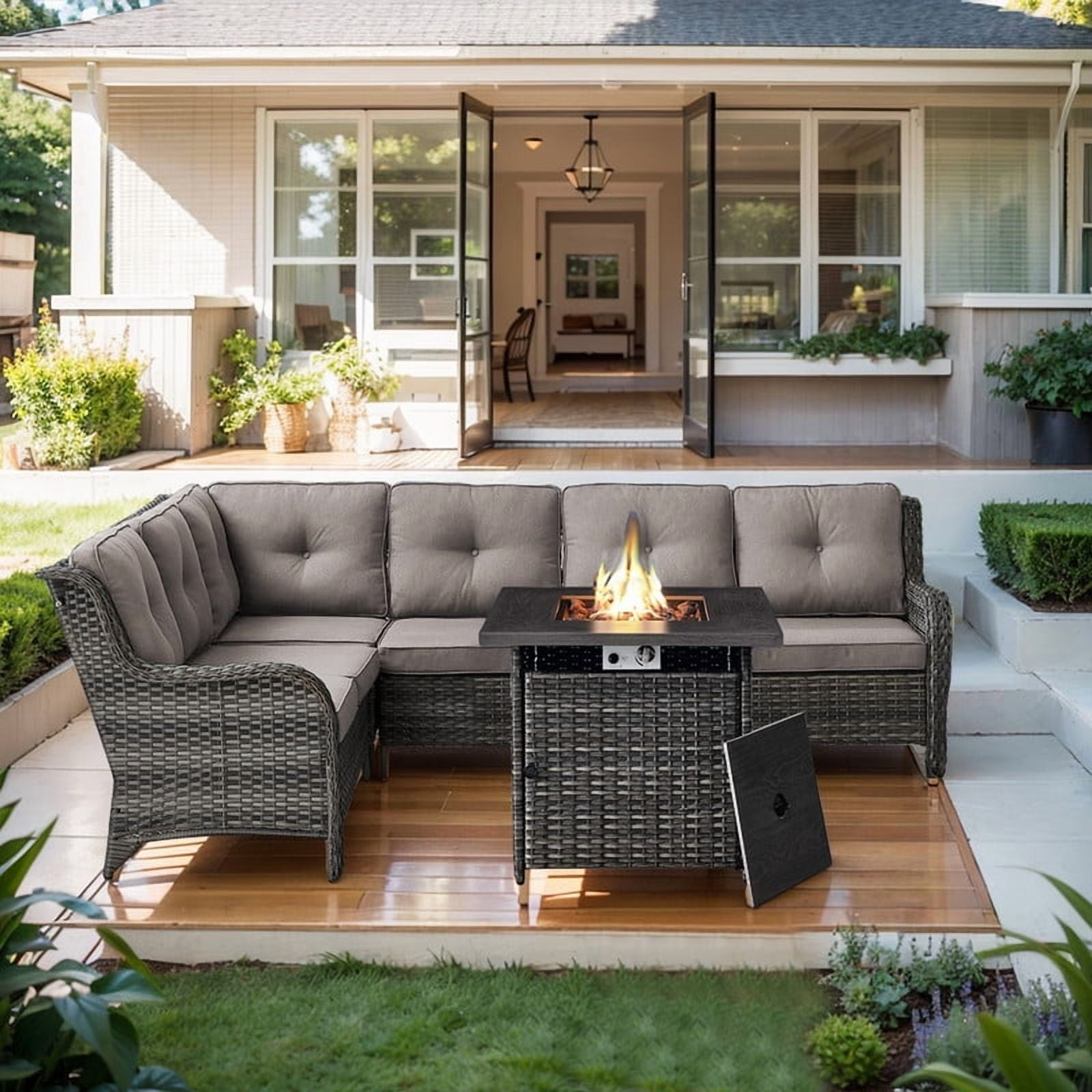 PARKWELL Outdoor Patio Furniture Set with Fire Pit Table,All-Weather Conversation L-Shaped Sectional Sofa with No-slip Thick Cushions,Backyard Porch Garden Poolside Balcony Set,Gray/Gray