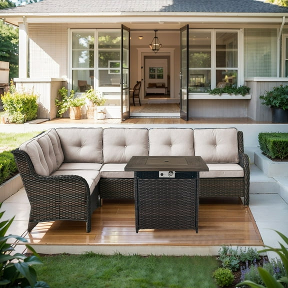 PARKWELL Outdoor Patio Furniture Set with Fire Pit Table,All-Weather Conversation L-Shaped Sectional Sofa with No-slip Thick Cushions,Backyard Porch Garden Poolside Balcony Set,Brown/Beige