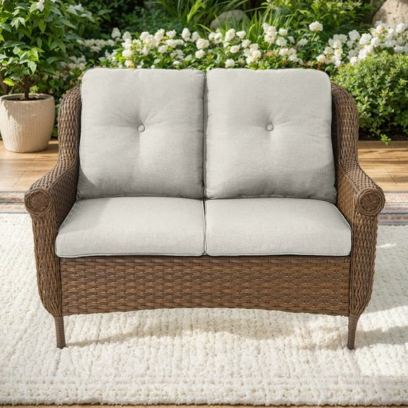 PARKWELL Outdoor Patio Loveseat Sofa,Weather Resistant Wicker Loveseat with Deep Seat Anti-Slip Cushion,Beige