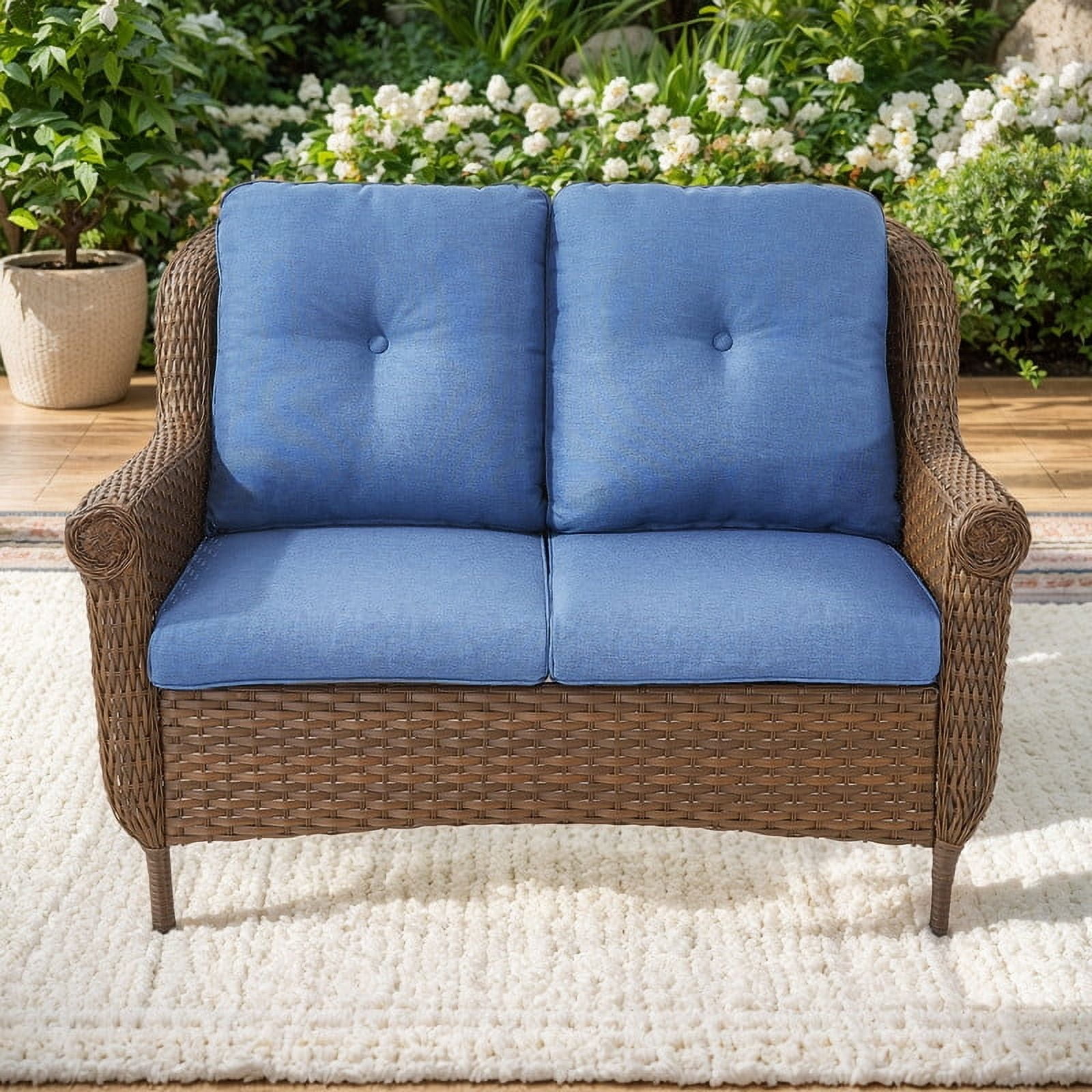 PARKWELL Outdoor Patio Loveseat Sofa,Weather Resistant Wicker Loveseat with Deep Seat Anti-Slip Cushion,Navy