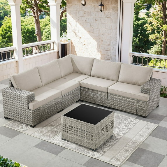PARKWELL Outdoor Patio Modular Furniture Sets,All-Weather Wicker L Shaped Conversation Sectional Sofa Set with Coffee Table for Backyard Deck,Taupe/Beige