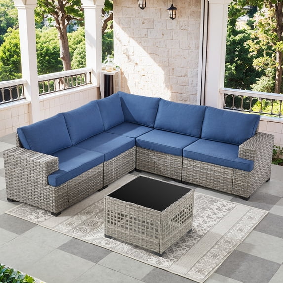 PARKWELL Outdoor Patio Modular Furniture Sets,All-Weather Wicker L Shaped Conversation Sectional Sofa Set with Coffee Table for Backyard Deck,Taupe/Navy