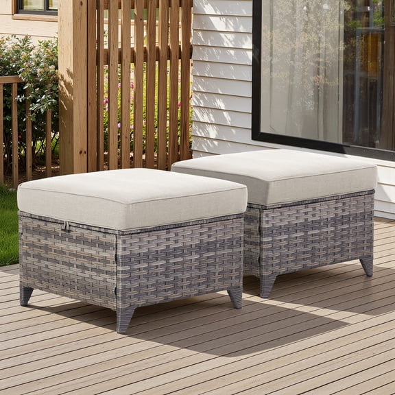 PARKWELL Outdoor Patio Ottoman Set of 2,All-Weather Wicker Rattan Seat Foot Rest Side Table with Removable Cushions for Porch Balcony Backyard,Gray/Beige
