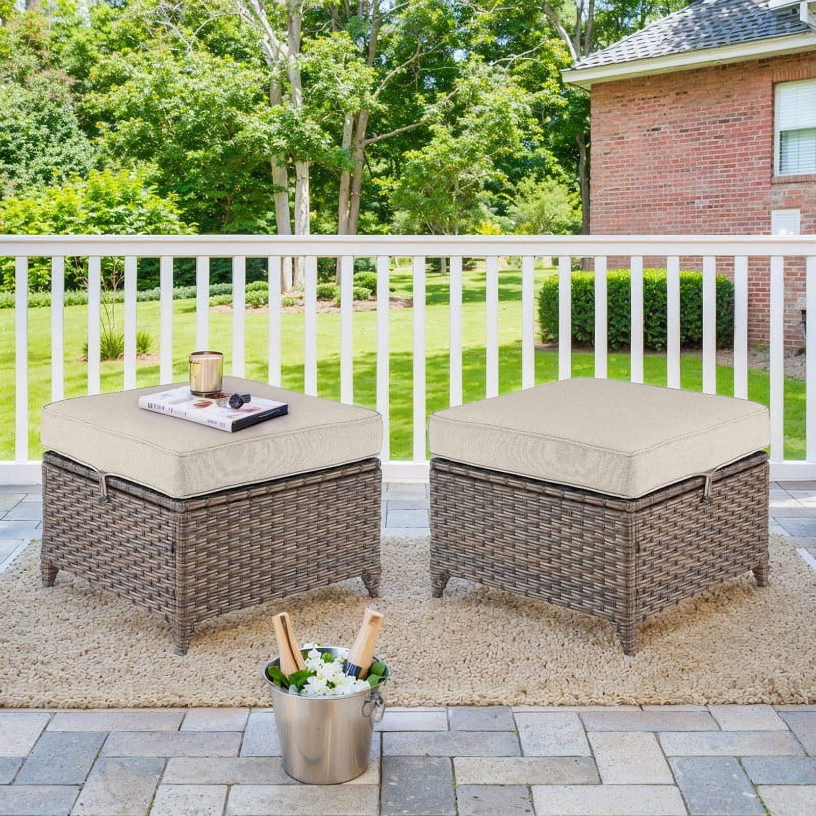 JOIVI 2 Pieces Outdoor Patio Ottoman, All Weather Rattan Wicker Ottoman Set Footstool Footrest Seat Removable Cushions Storage Space Beige