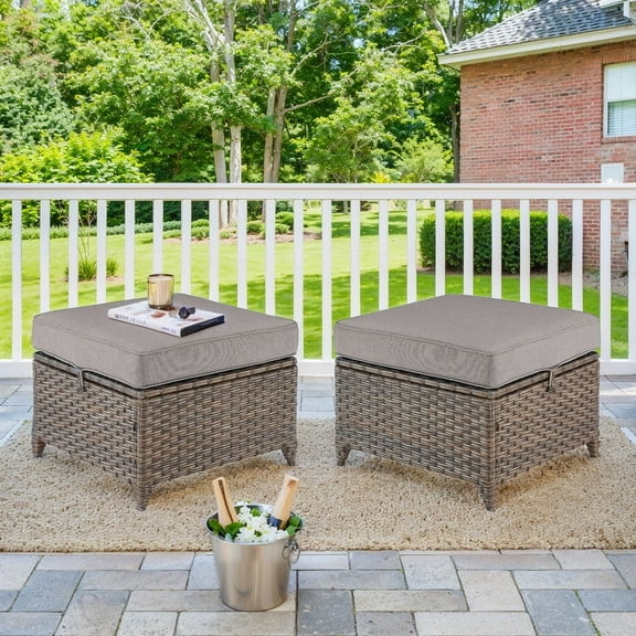 PARKWELL Outdoor Patio Ottoman Set of 2,All-Weather Wicker Rattan Seat Foot Rest Side Table with Removable Cushions,Gray