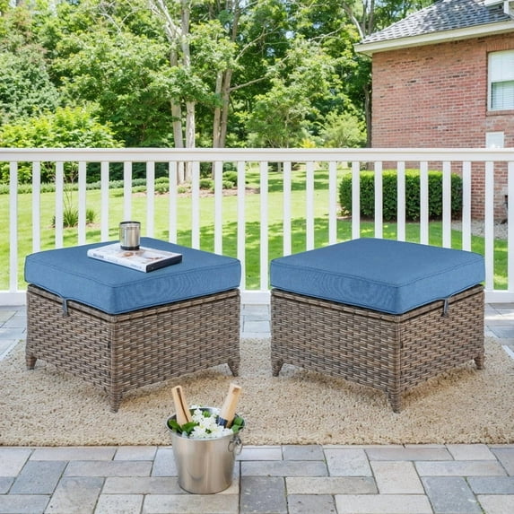 PARKWELL Outdoor Patio Ottoman Set of 2,All-Weather Wicker Rattan Seat Foot Rest Side Table with Removable Cushions,Navy