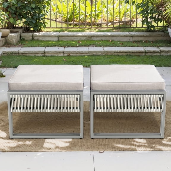 PARKWELL Outdoor Patio Ottoman Set of 2,Hand-Woven Rope Seat Foot Rest Side Table with Removable Cushions,Light Gray