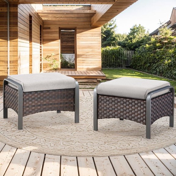 PARKWELL Outdoor Patio Ottoman Set of 2,Wicker Rattan Seat Foot Rest Side Table with Beige Cushion for Porch Balcony Backyard,Brown Wicker