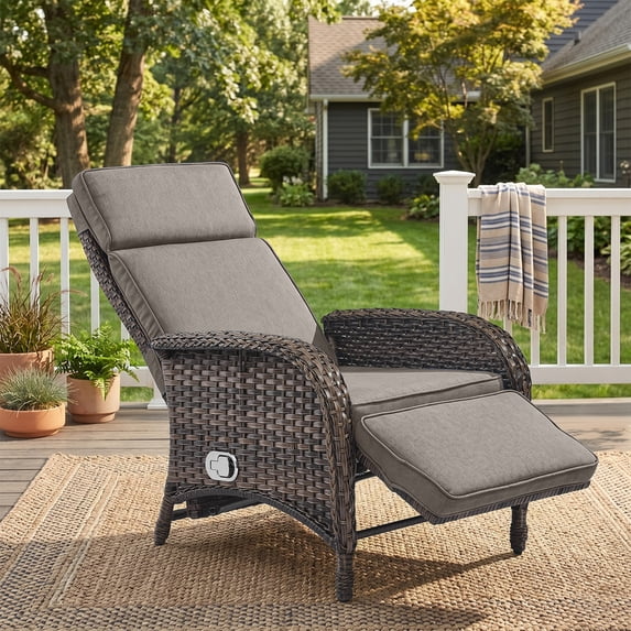 PARKWELL Outdoor Patio Recliner Chair,Adjustable Rattan Reclining Lounge Chair with Cushion, Gray