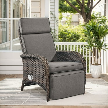 PARKWELL Outdoor Patio Recliner Chair,Adjustable Rattan Reclining Lounge Chair with Cushion, Gray