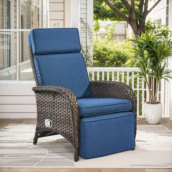 PARKWELL Outdoor Patio Recliner Chair,Adjustable Rattan Reclining Lounge Chair with Cushion, Navy