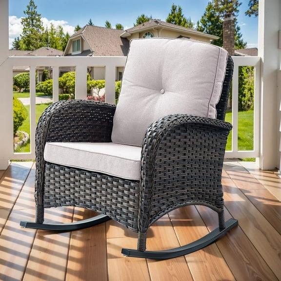 PARKWELL Outdoor Patio Rocking Chair Wicker High Back Rocker Lounge Chair with Cushion for Backyard Deck Porch,Beige
