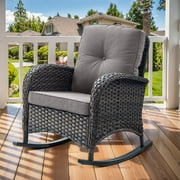 PARKWELL Outdoor Patio Rocking Chair Wicker High Back Rocker Lounge Chair with Cushion for Backyard Deck Porch,Gray