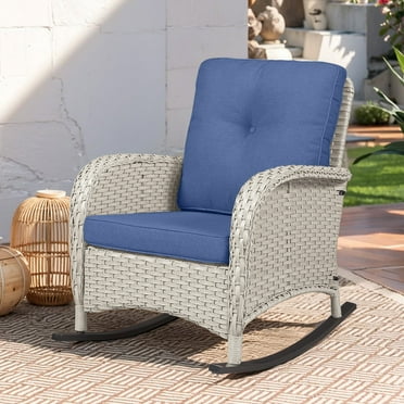 PARKWELL Outdoor Patio Rocking Chair Wicker High Back Rocker Lounge Chair with Cushion for Backyard Deck Porch,Navy