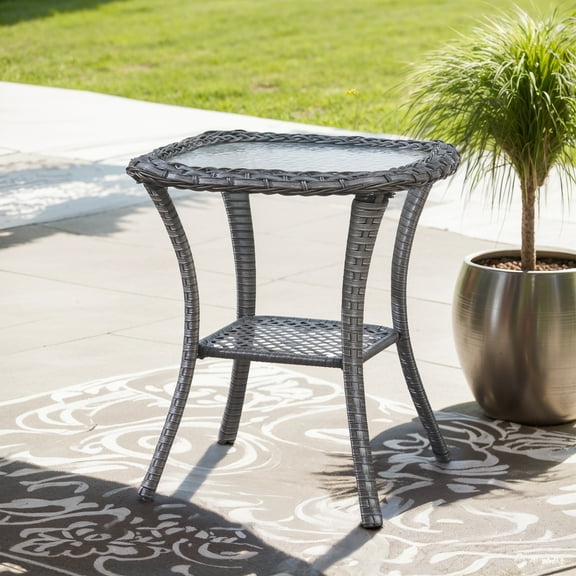 PARKWELL Outdoor Patio Side Table Square Wicker End Table with Glass Top, Gray
