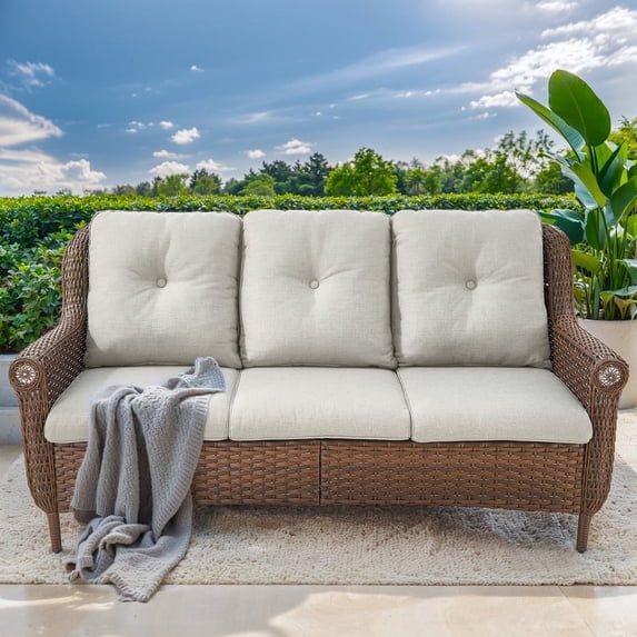 PARKWELL Outdoor Patio Sofa Furniture,Weather Resistant Wicker 3-Seat Couch with Deep Seat Anti-Slip Cushion,Beige