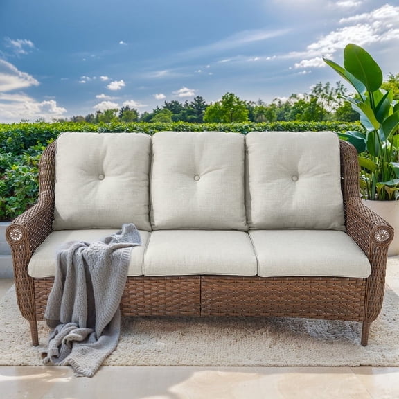 PARKWELL Outdoor Patio Sofa Furniture,Weather Resistant Wicker 3-Seat Couch with Deep Seat Anti-Slip Cushion,Beige