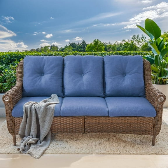 PARKWELL Outdoor Patio Sofa Furniture,Weather Resistant Wicker 3-Seat Couch with Deep Seat Anti-Slip Cushion,Navy