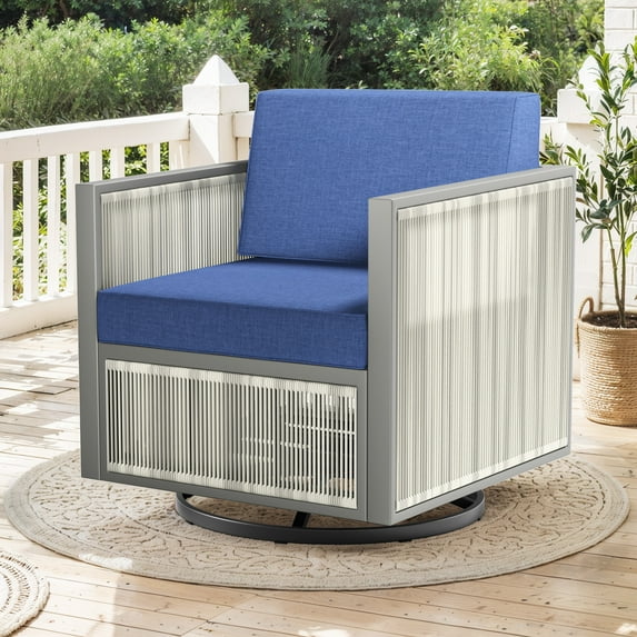 PARKWELL Outdoor Patio Swivel Glider Chair,Hand-Woven Rope Swivel Rocking Lounge Chair with Removable Navy Cushions