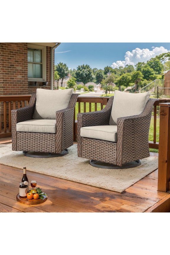 Outdoor Patio Swivel Glider Chair Set of 2,All-Weather Rattan Swivel Rocking Lounge Chair with Removable Beige Cushions for Porch Balcony Backyard,Brown Wicker