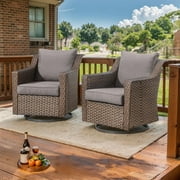 PARKWELL Outdoor Patio Swivel Glider Chair Set of 2,All-Weather Rattan Swivel Rocking Lounge Chair with Removable Gray Cushions for Porch Balcony Backyard,Brown Wicker