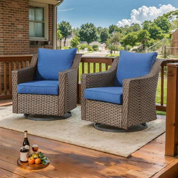 PARKWELL Outdoor Patio Swivel Glider Chair Set of 2,All-Weather Rattan Swivel Rocking Lounge Chair with Removable Navy Cushions for Porch Balcony Backyard,Brown Wicker