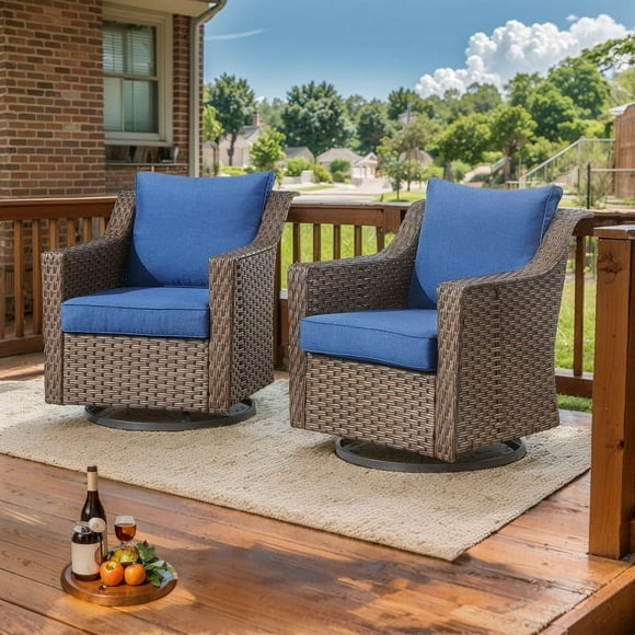 PARKWELL Outdoor Patio Swivel Glider Chair Set of 2,All-Weather Rattan Swivel Rocking Lounge Chair with Removable Navy Cushions for Porch Balcony Backyard,Brown Wicker