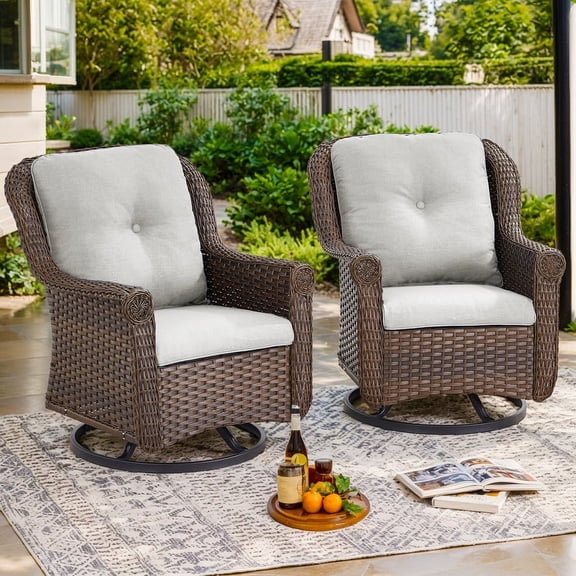 PARKWELL Outdoor Patio Swivel Glider Chair Set of 2,Weather Resistant Rattan Lounge Swivel Rocking Armchairs with Deep Seat Anti-Slip Cushion,Beige