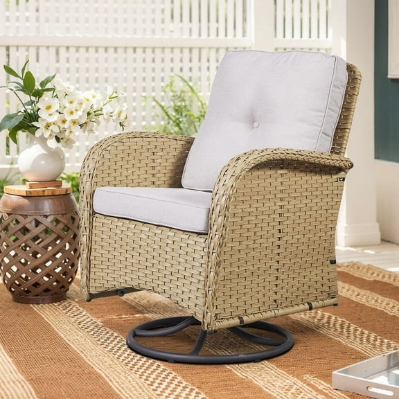 PARKWELL Outdoor Patio Swivel Glider Chair Wicker High Back Swivel Rocking Lounge Chair with Cushion for Backyard Deck Porch,Beige