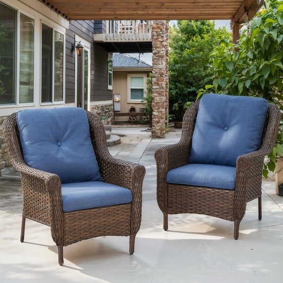 PARKWELL Outdoor Patio Wicker Chairs Set of 2,Weather Resistant Rattan Lounge Armchairs with Deep Seat Anti-Slip Cushion,Navy